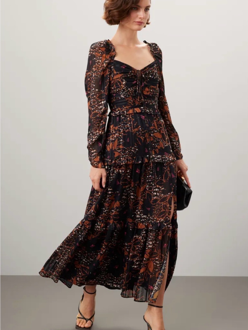 Peter Som Keyhole Black Floral & Brown Long-Sleeve Maxi Dress